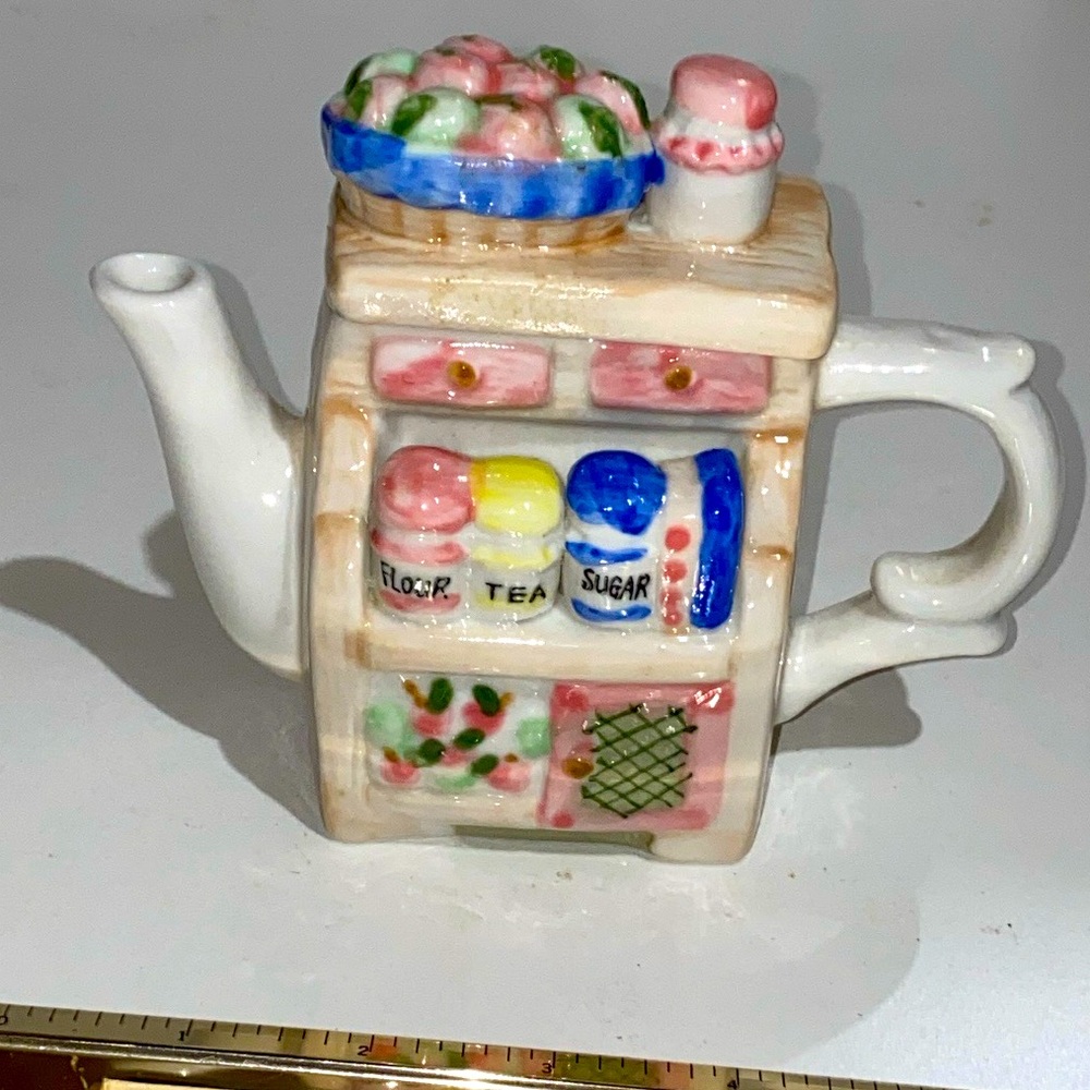 Charming 4” Ceramic Teapot with Kitchen Shelf Design, Jam Jar on Top